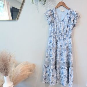 Moon River Floral Blue Ruffle Dress Size M